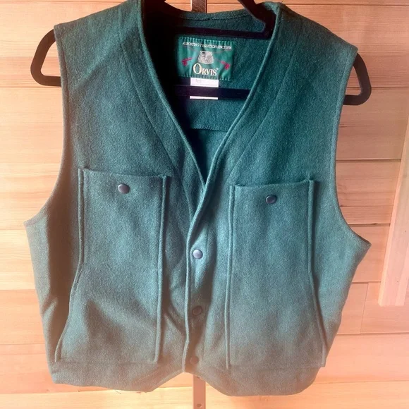 Vintage Orvis Forest Green Wool Vest Multiple Pockets Large - Picture 2 of 9